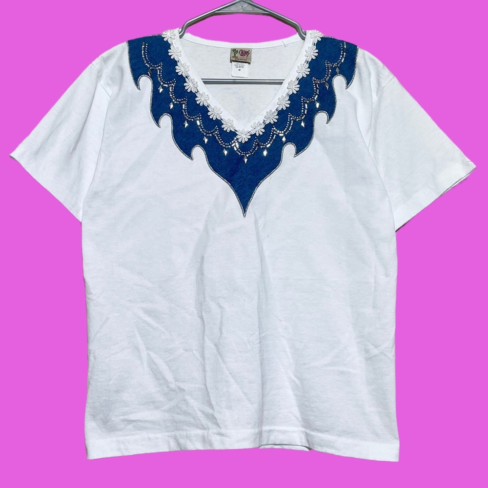 Vintage Sequined Embroidered Embellished Denim Collar Tee
